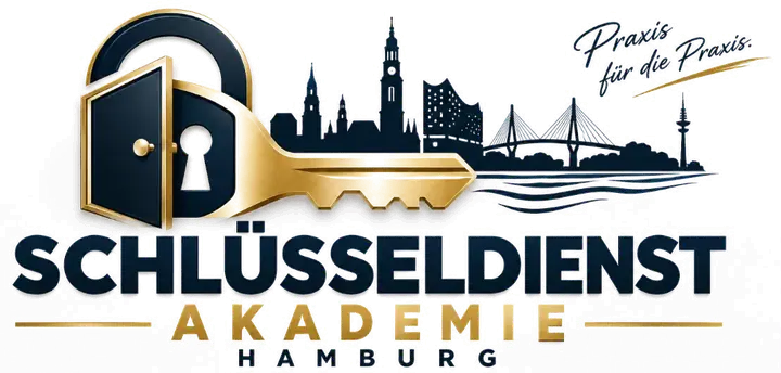 Logo der Schlüsseldienst Akademie Hamburg mit Schlüssel, Türschloss und Hamburger Skyline