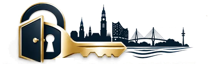 Signet der Schlüsseldienst Akademie Hamburg: Schlüssel mit Türschloss vor der Hamburger Skyline